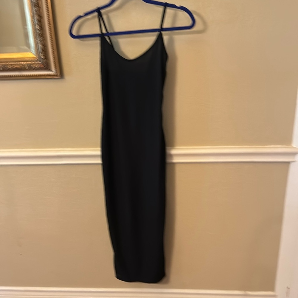 Black slip dress with spaghetti straps - midi sz 6 left side slit BRAND NEW